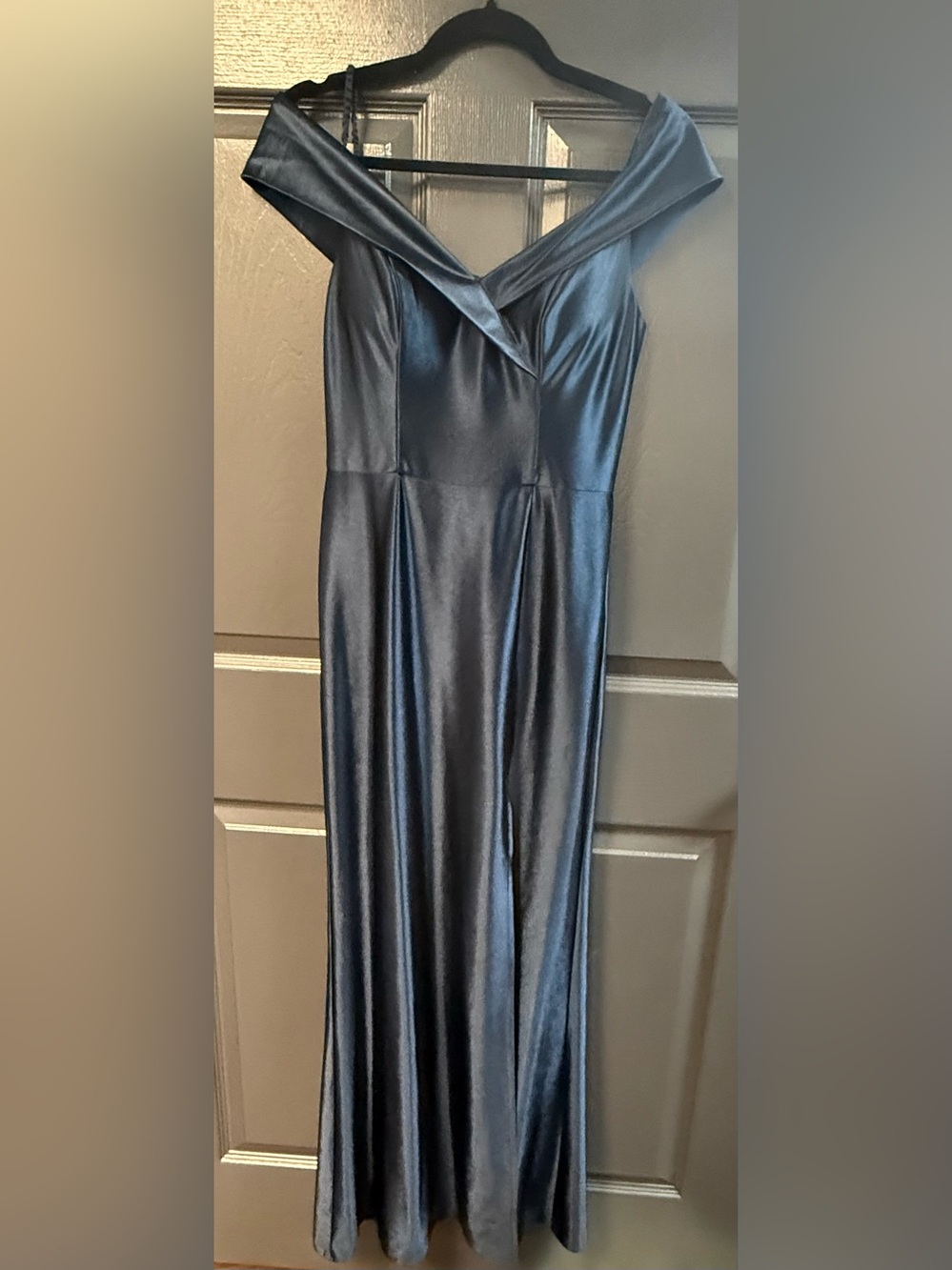 David's Bridal Off-Shoulder Satin Navy Evening Gown